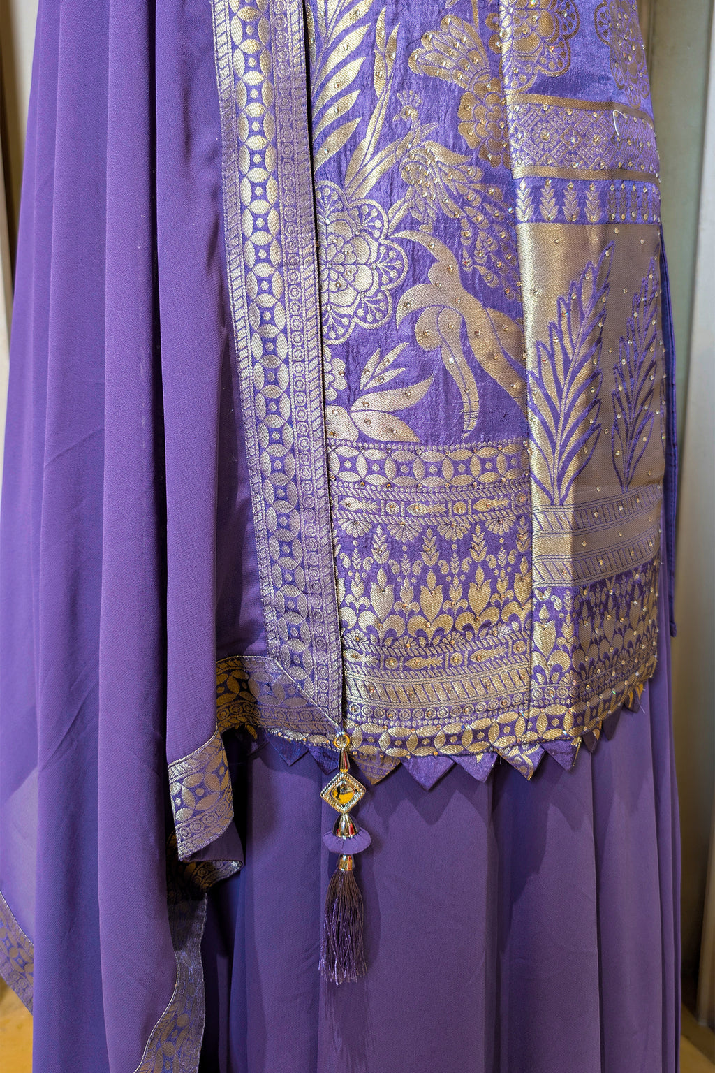 Lilac Chinon Silk Woven Palazzo Suit with Stone Work