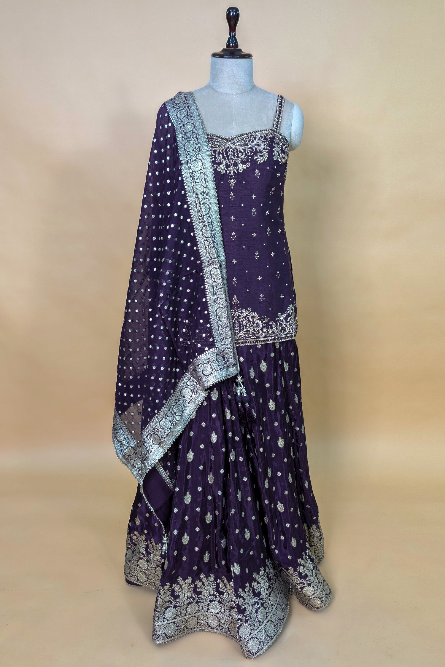 Purple Raw Silk Mirror Embroidered Palazzo Suit