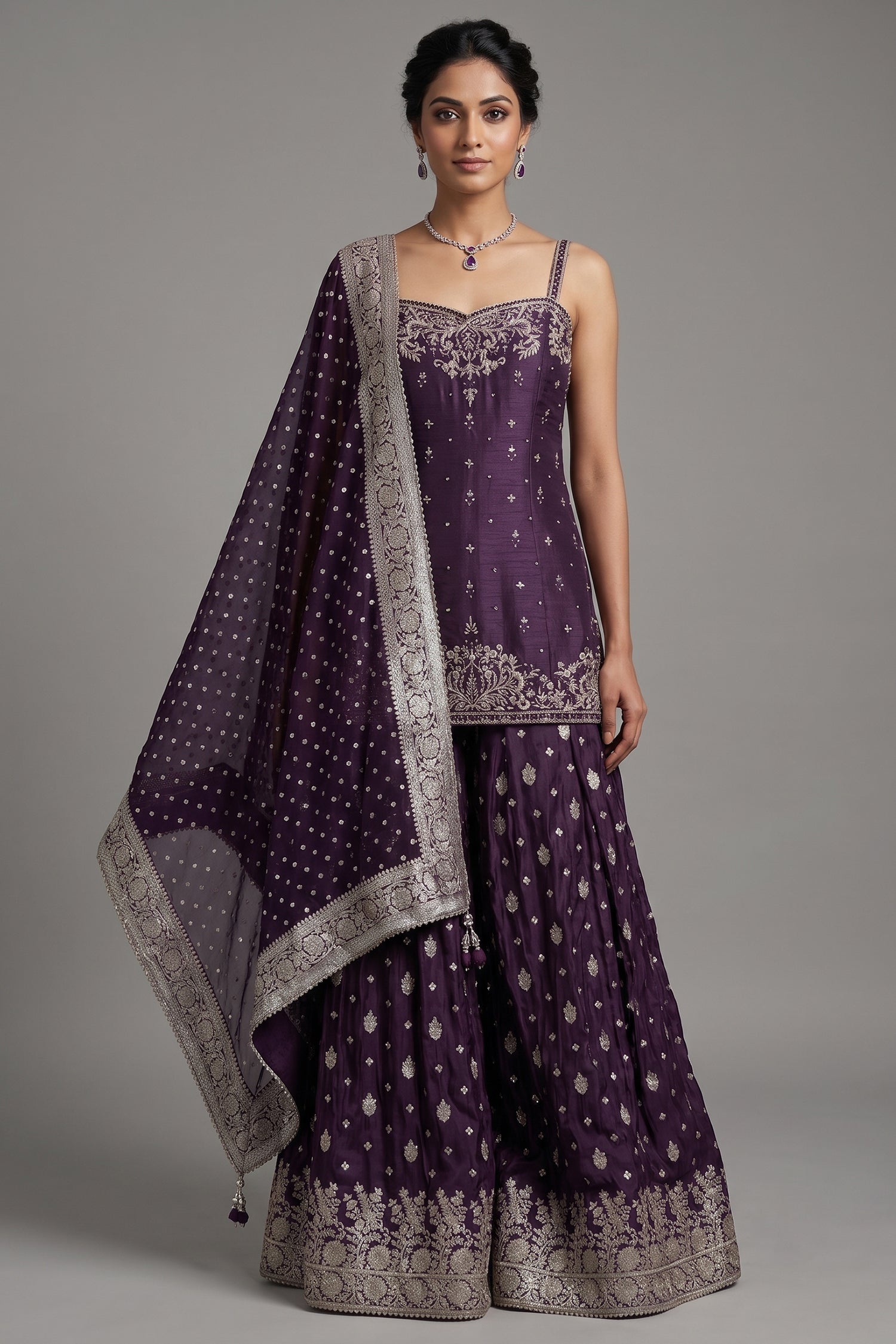 Purple Raw Silk Mirror Embroidered Palazzo Suit