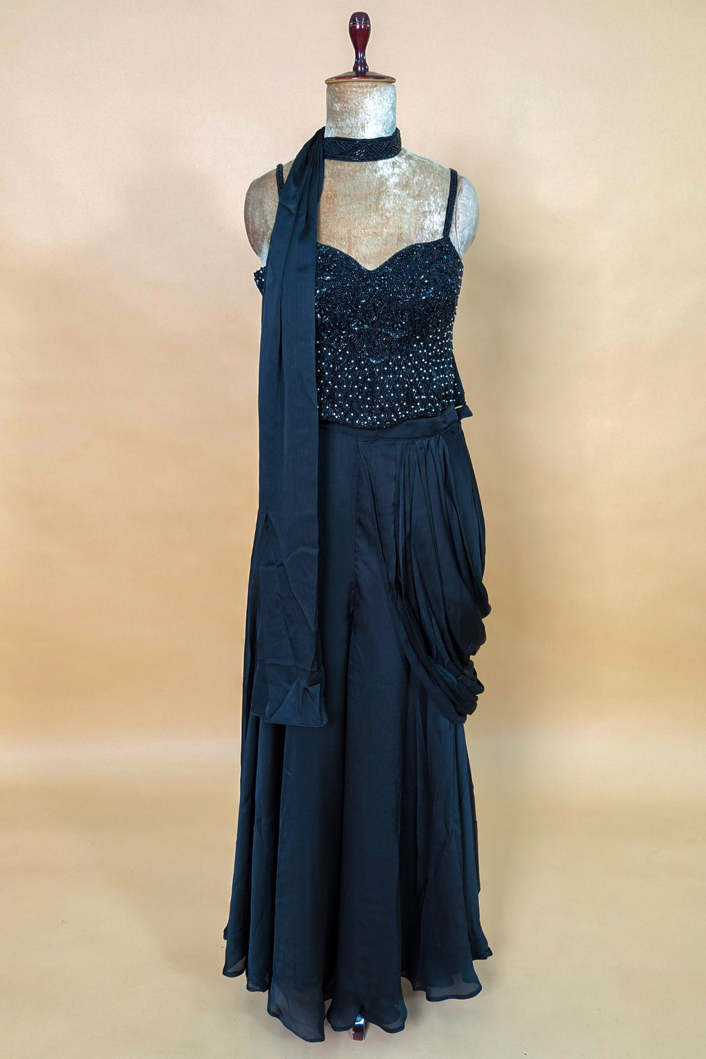 Black Net Cutdana Worked Crop Top Palazzo Set with Attached Dupatta