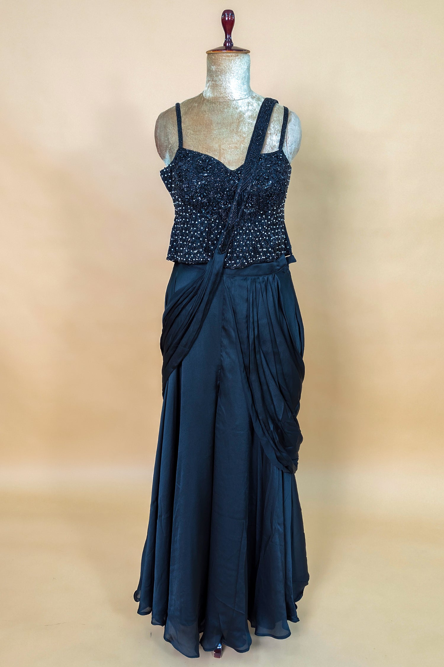 Black Net Cutdana Worked Crop Top Palazzo Set with Attached Dupatta