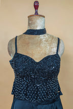 Black Net Cutdana Worked Crop Top Palazzo Set with Attached Dupatta