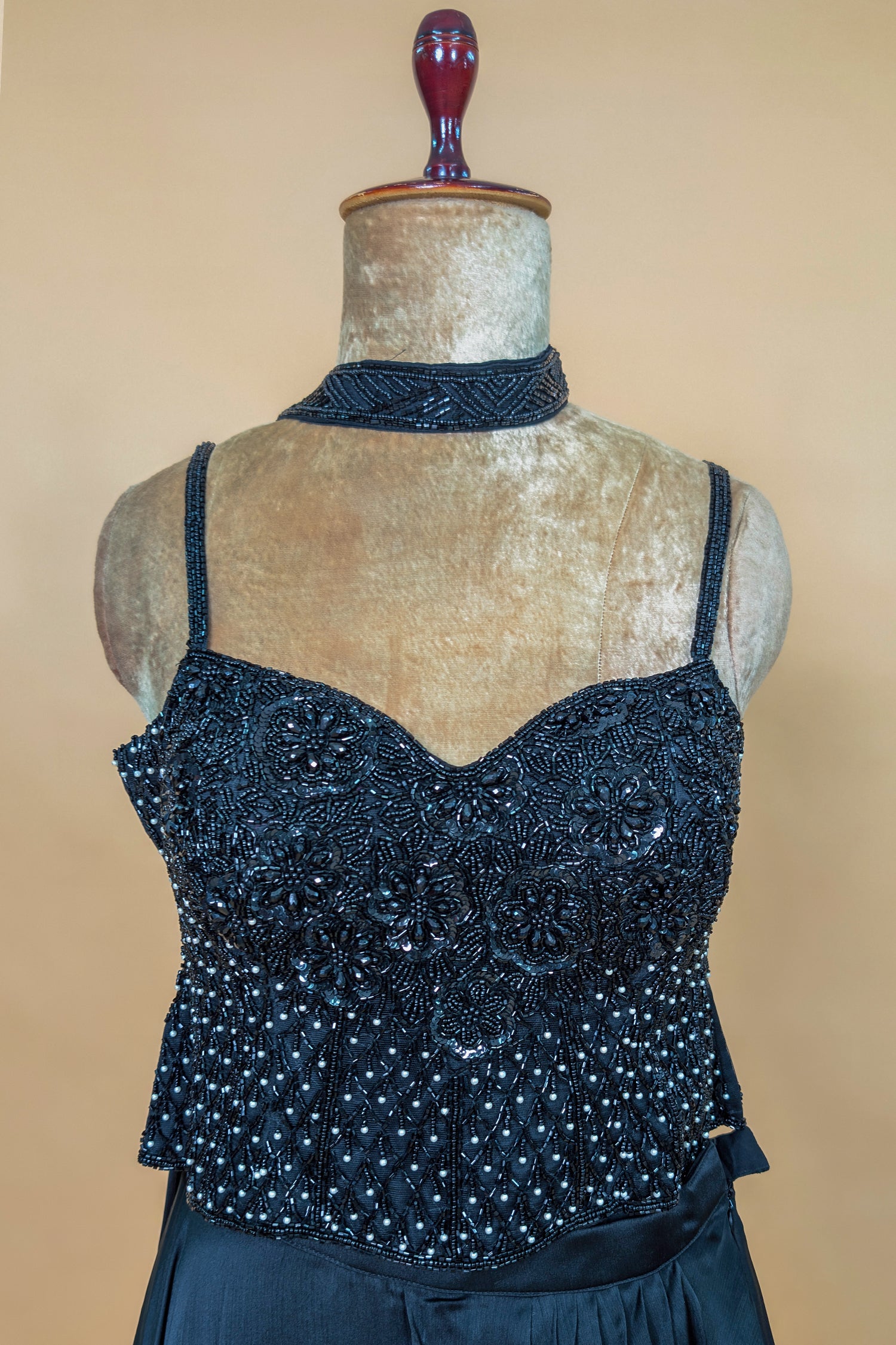 Black Net Cutdana Worked Crop Top Palazzo Set with Attached Dupatta