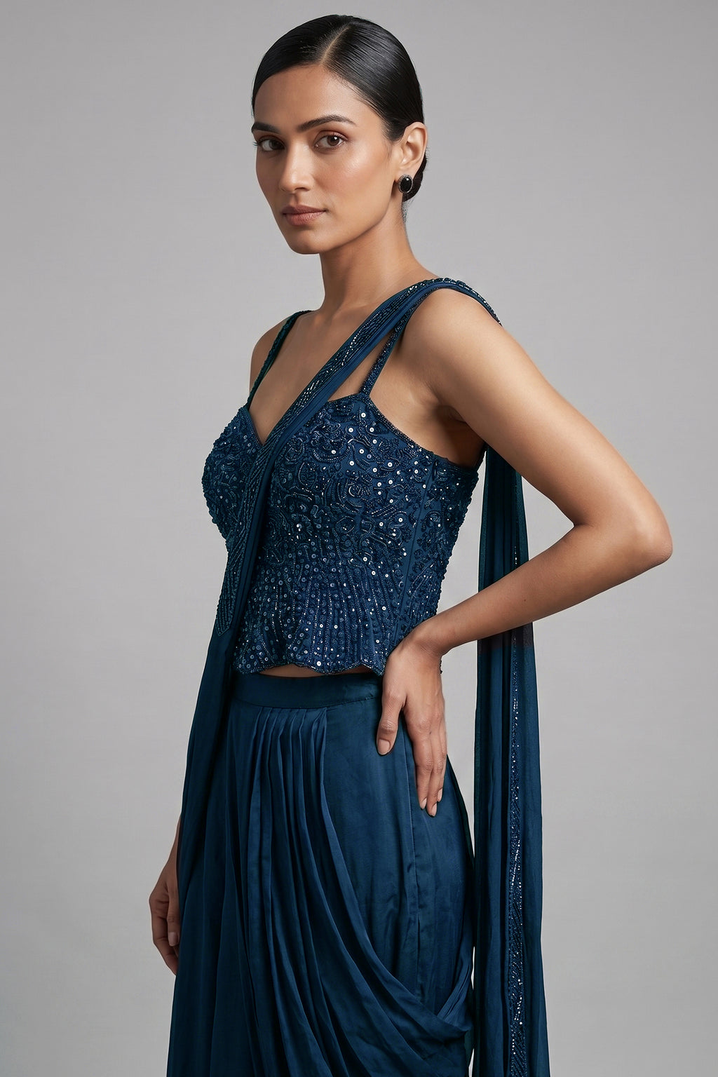 Black Net Cutdana Worked Crop Top Palazzo Set with Attached Dupatta