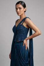 Black Net Cutdana Worked Crop Top Palazzo Set with Attached Dupatta
