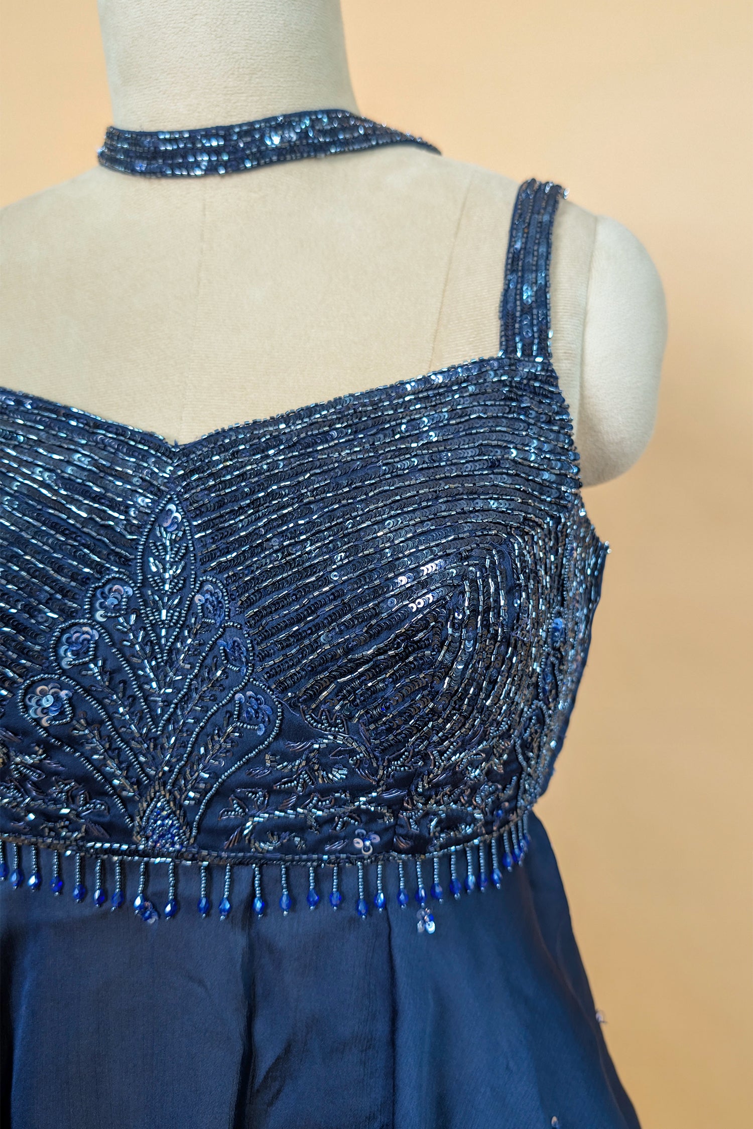 Dark Blue Chiffon Silk Cutdana Beaded Peplum Palazzo Set