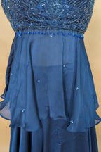 Dark Blue Chiffon Silk Cutdana Beaded Peplum Palazzo Set