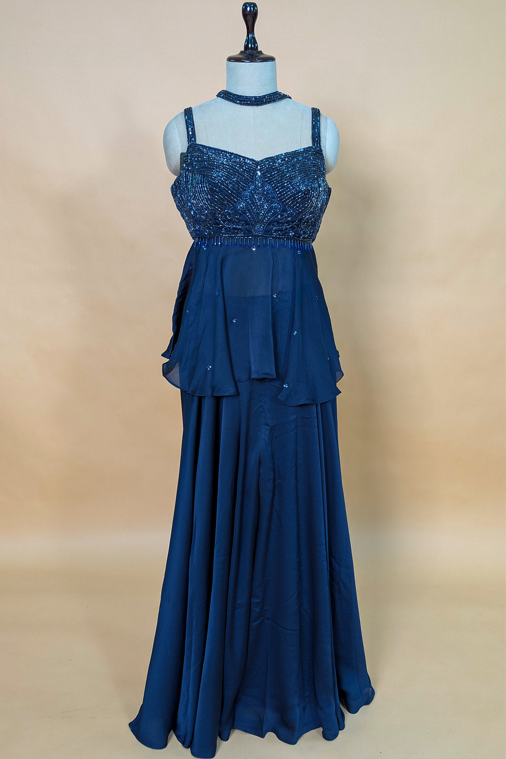 Dark Blue Chiffon Silk Cutdana Beaded Peplum Palazzo Set