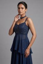 Dark Blue Chiffon Silk Cutdana Beaded Peplum Palazzo Set