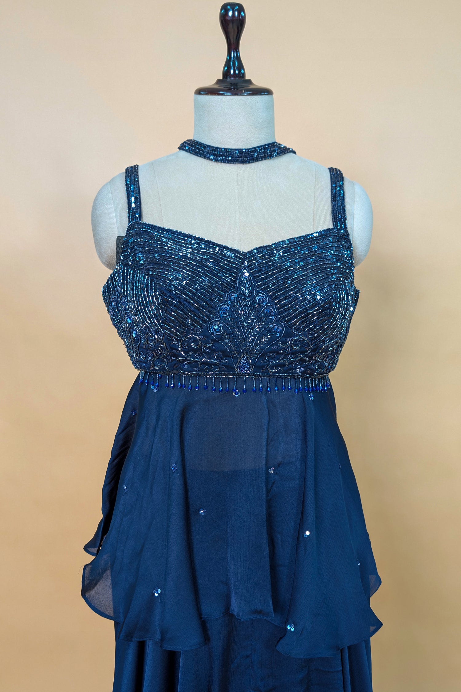 Dark Blue Chiffon Silk Cutdana Beaded Peplum Palazzo Set
