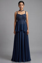 Dark Blue Chiffon Silk Cutdana Beaded Peplum Palazzo Set