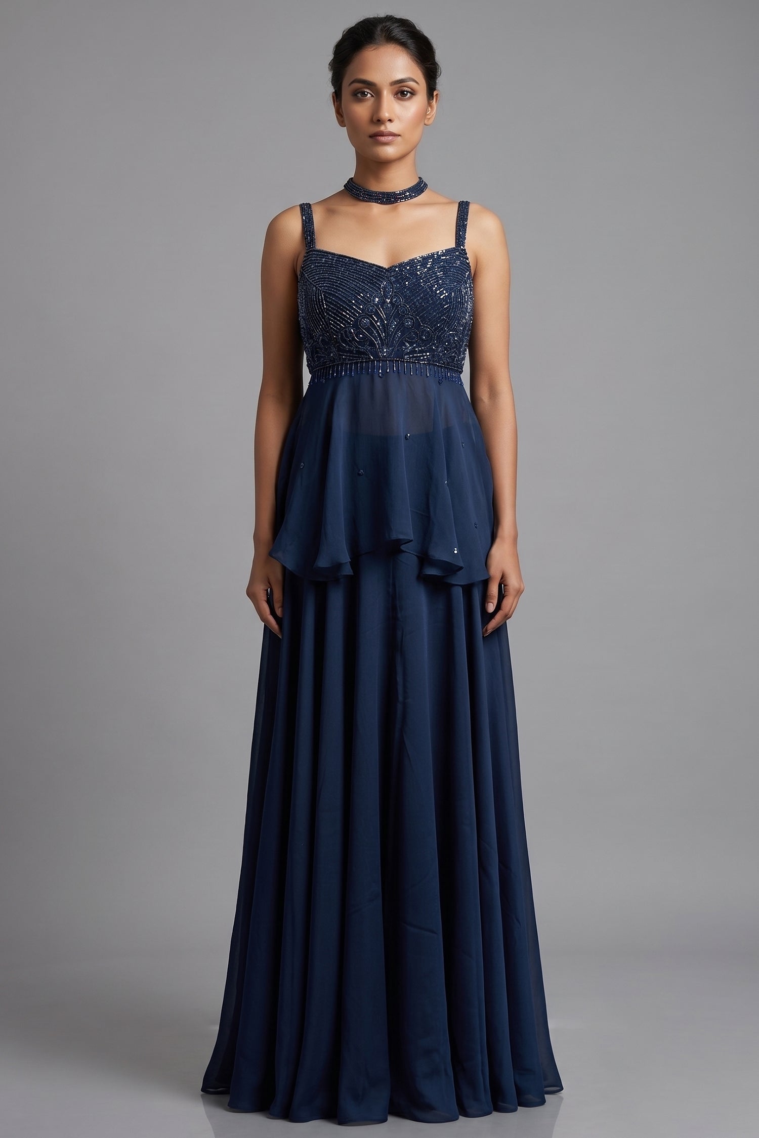 Dark Blue Chiffon Silk Cutdana Beaded Peplum Palazzo Set