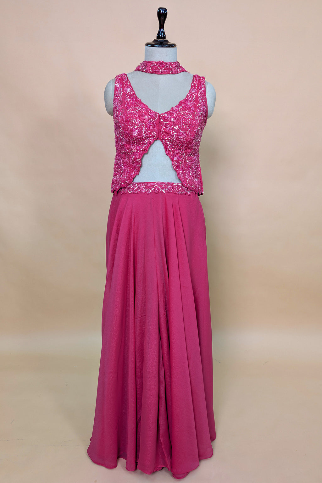 Pink Tissue Silk Cutdana Sequins Crop Top Palazzo Suit