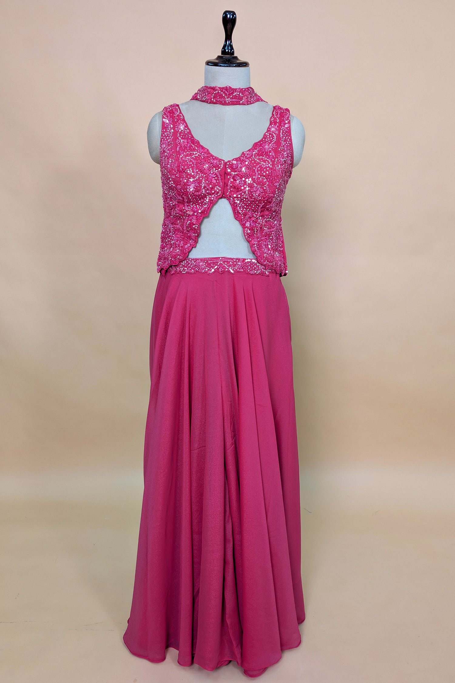 Pink Tissue Silk Cutdana Sequins Crop Top Palazzo Suit