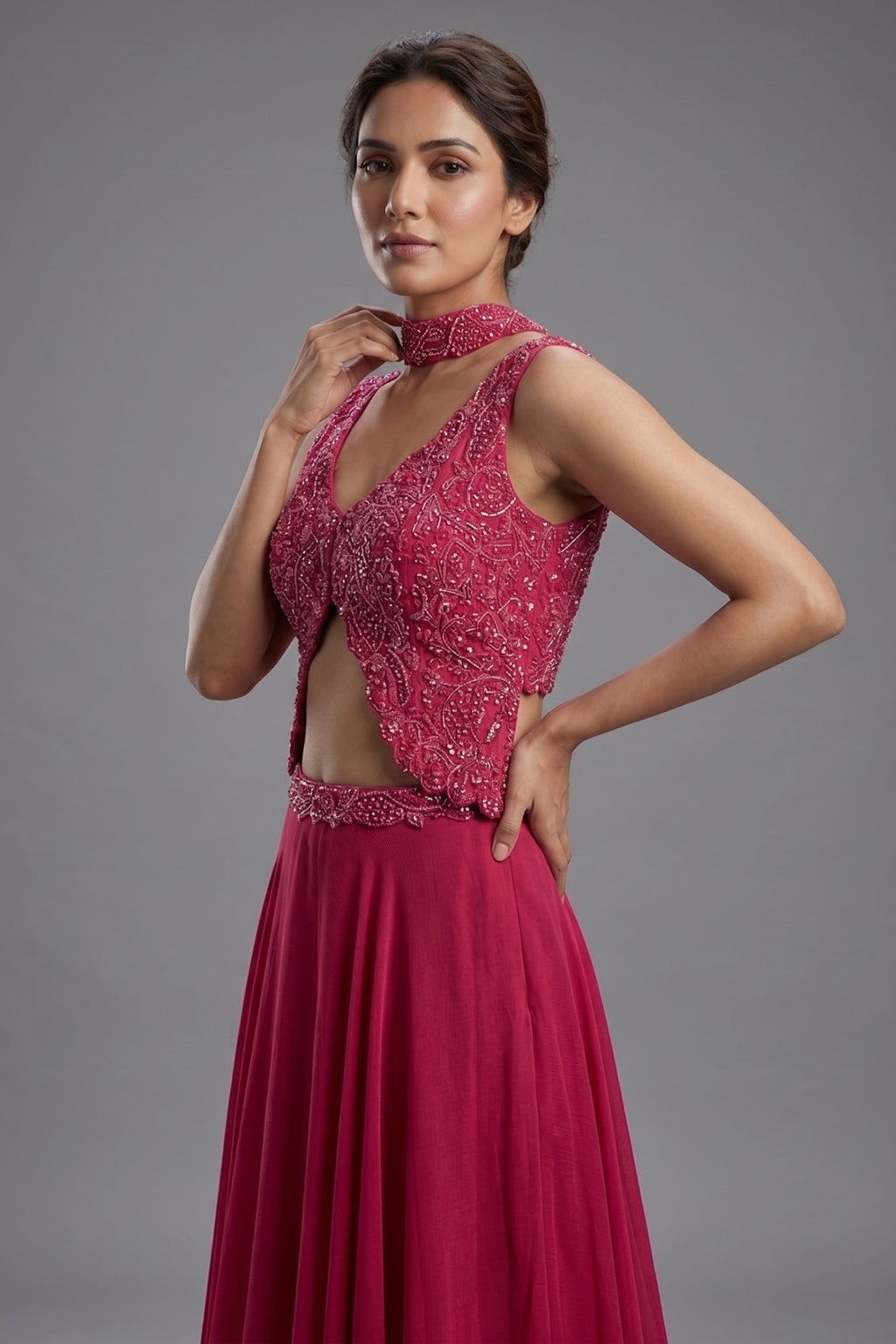 Pink Tissue Silk Cutdana Sequins Crop Top Palazzo Suit