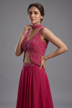 Pink Tissue Silk Cutdana Sequins Crop Top Palazzo Suit