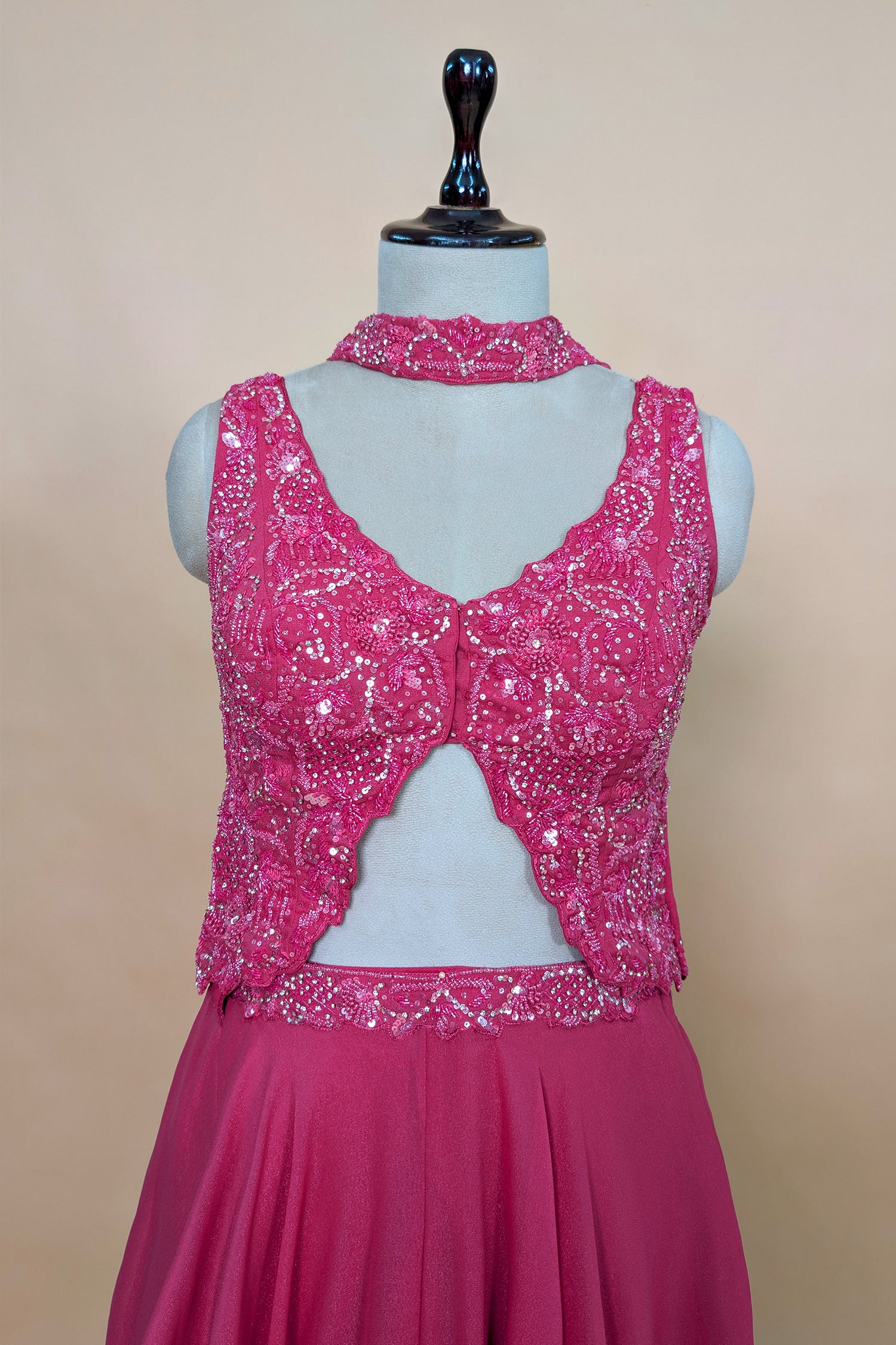 Pink Tissue Silk Cutdana Sequins Crop Top Palazzo Suit