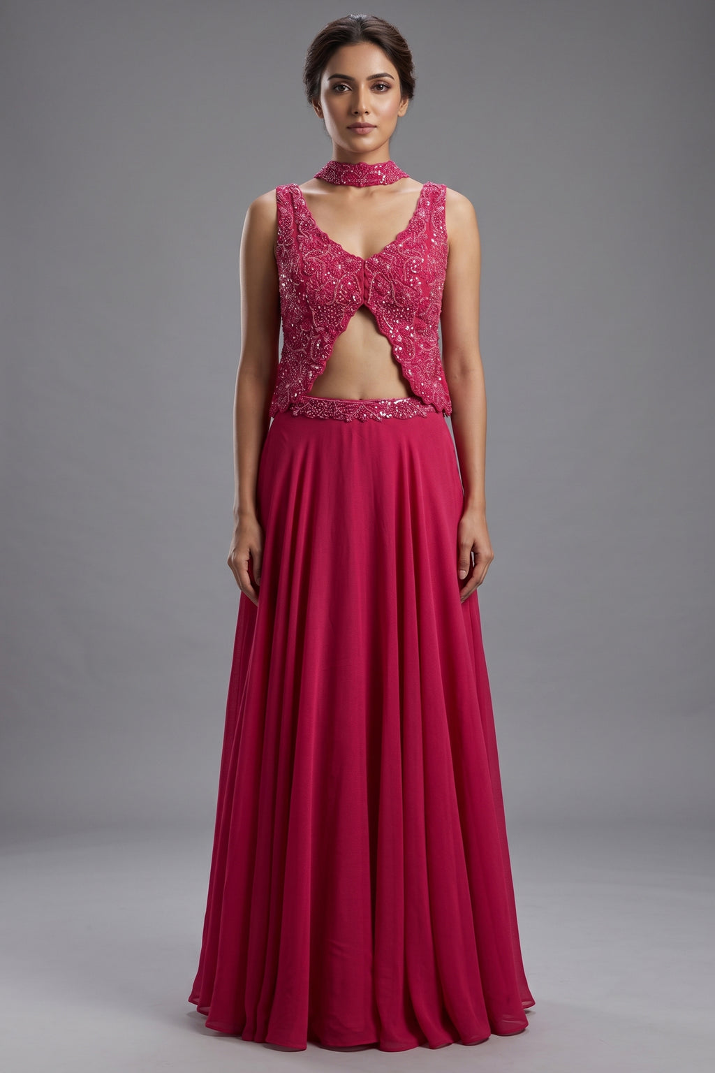 Pink Tissue Silk Cutdana Sequins Crop Top Palazzo Suit