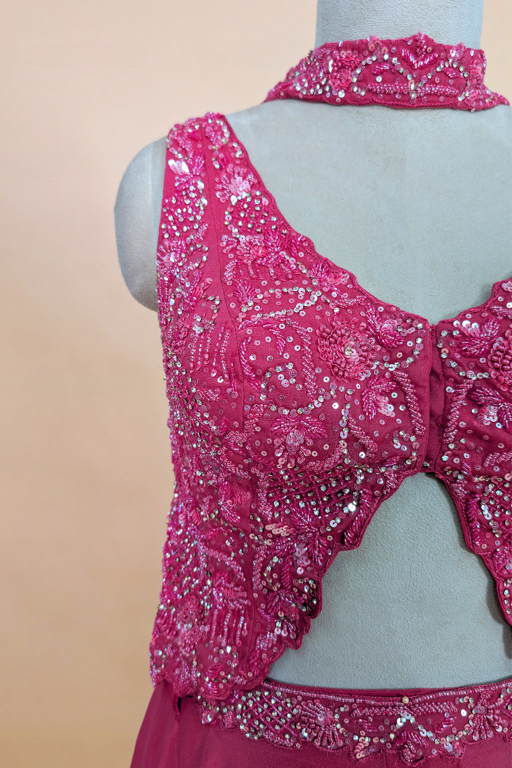 Pink Tissue Silk Cutdana Sequins Crop Top Palazzo Suit