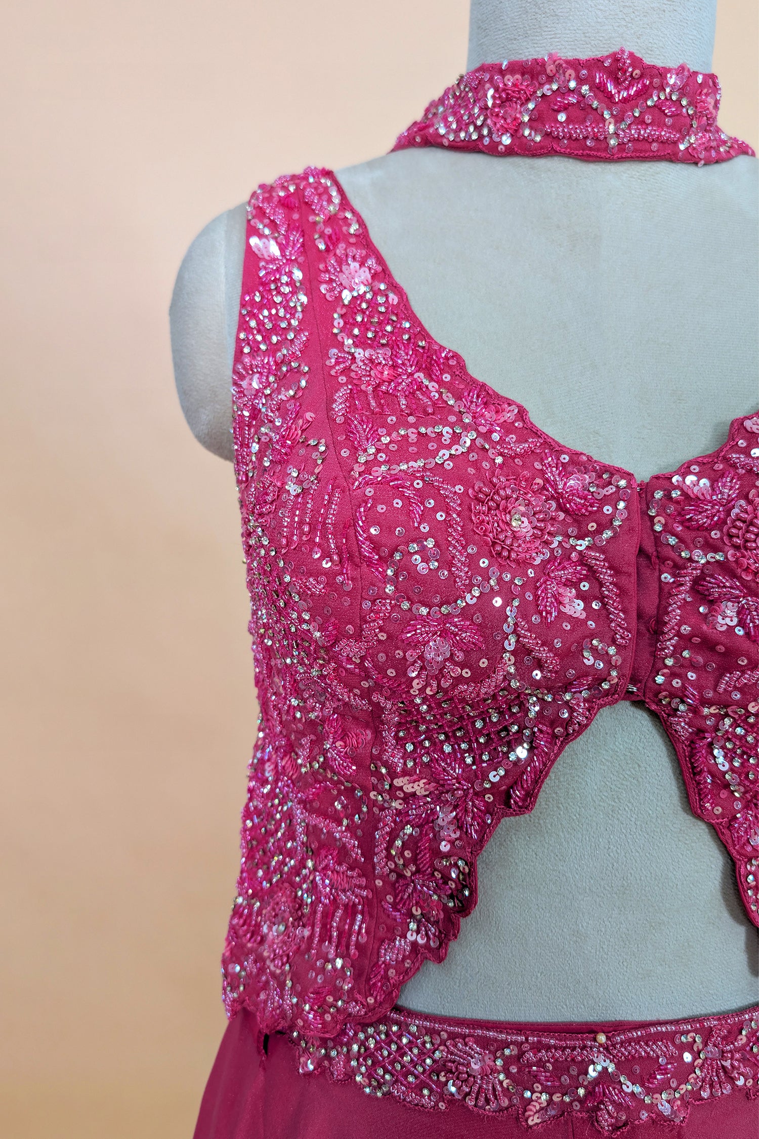 Pink Tissue Silk Cutdana Sequins Crop Top Palazzo Suit