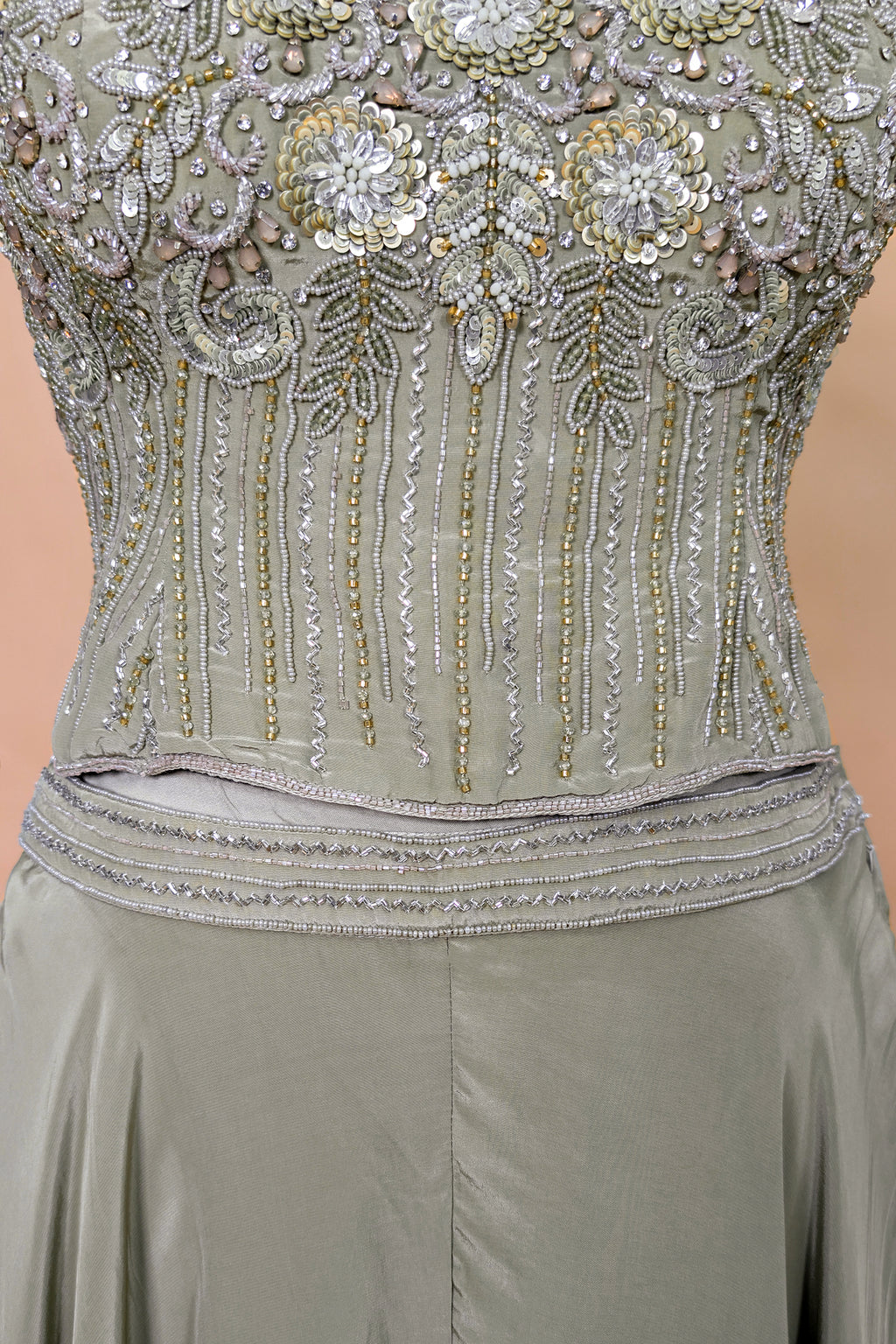 Grey Crepe Silk Cutdana Sequin Worked Crop Top Palazzo Suit
