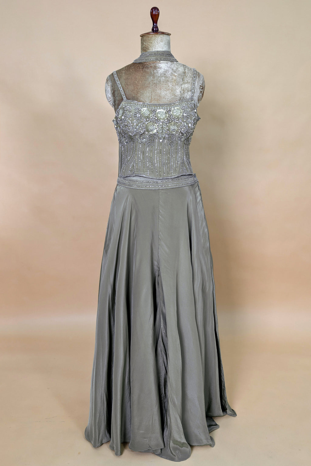 Grey Crepe Silk Cutdana Sequin Worked Crop Top Palazzo Suit