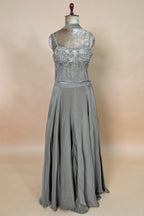 Grey Crepe Silk Cutdana Sequin Worked Crop Top Palazzo Suit