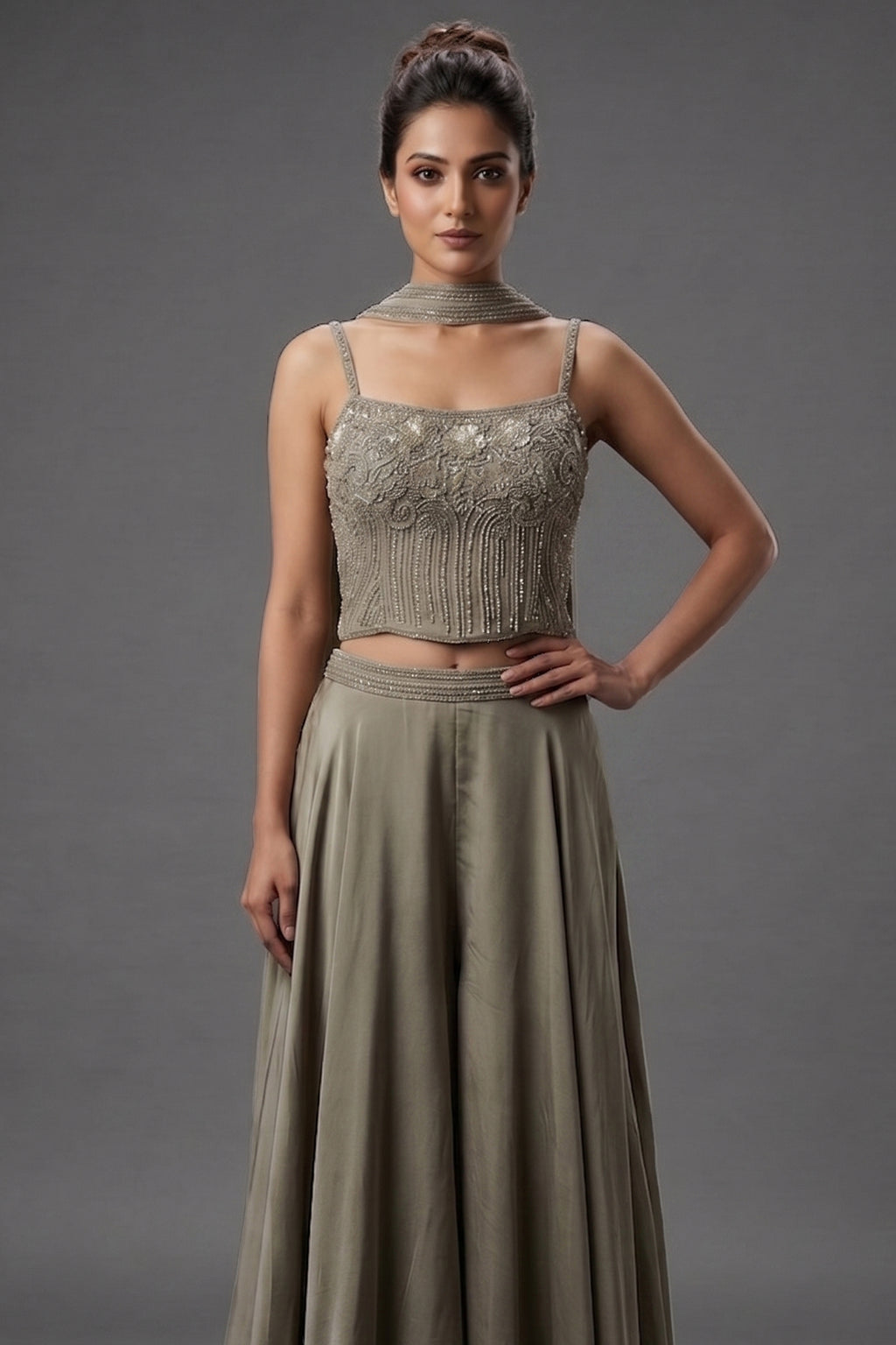 Grey Crepe Silk Cutdana Sequin Worked Crop Top Palazzo Suit