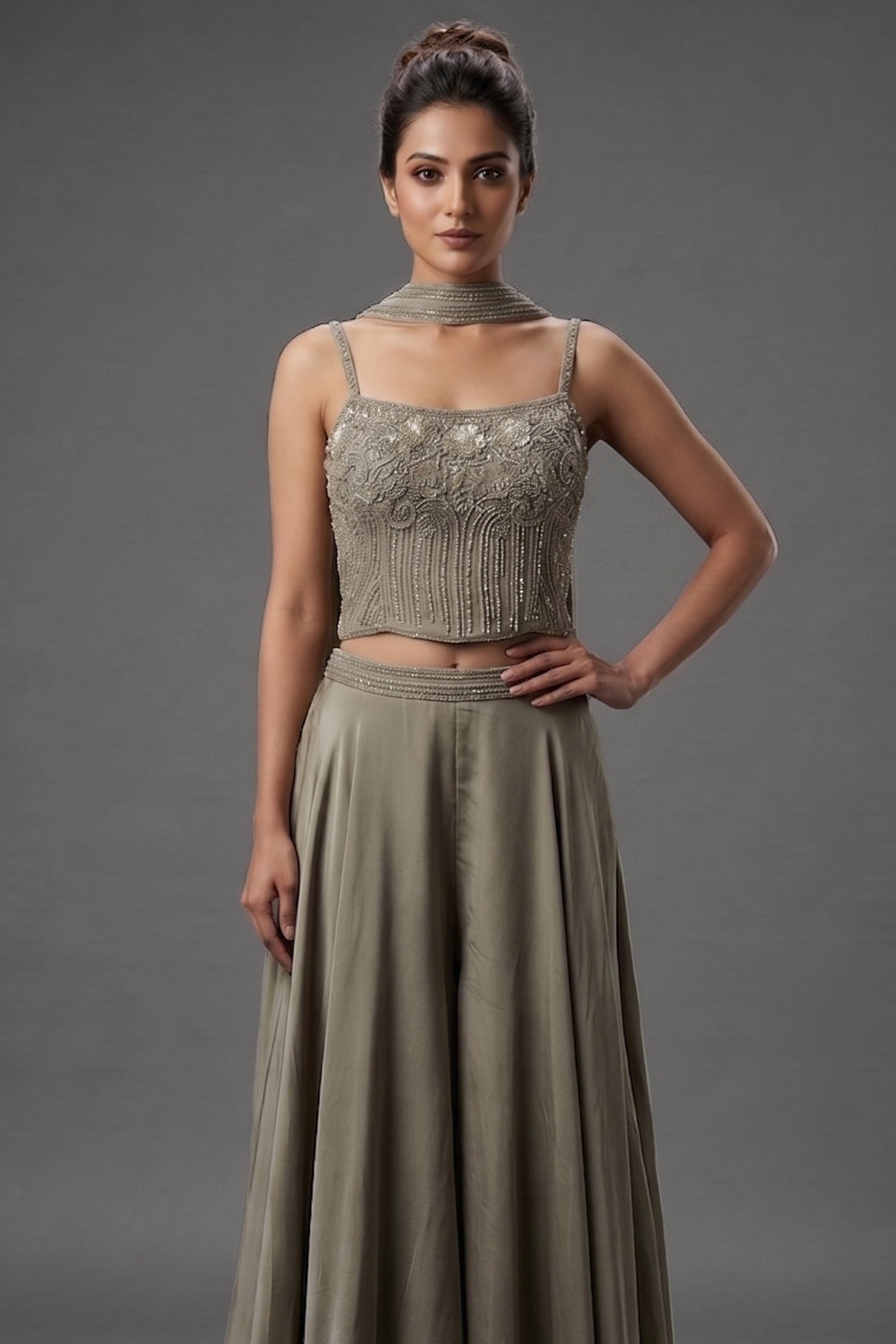 Grey Crepe Silk Cutdana Sequin Worked Crop Top Palazzo Suit