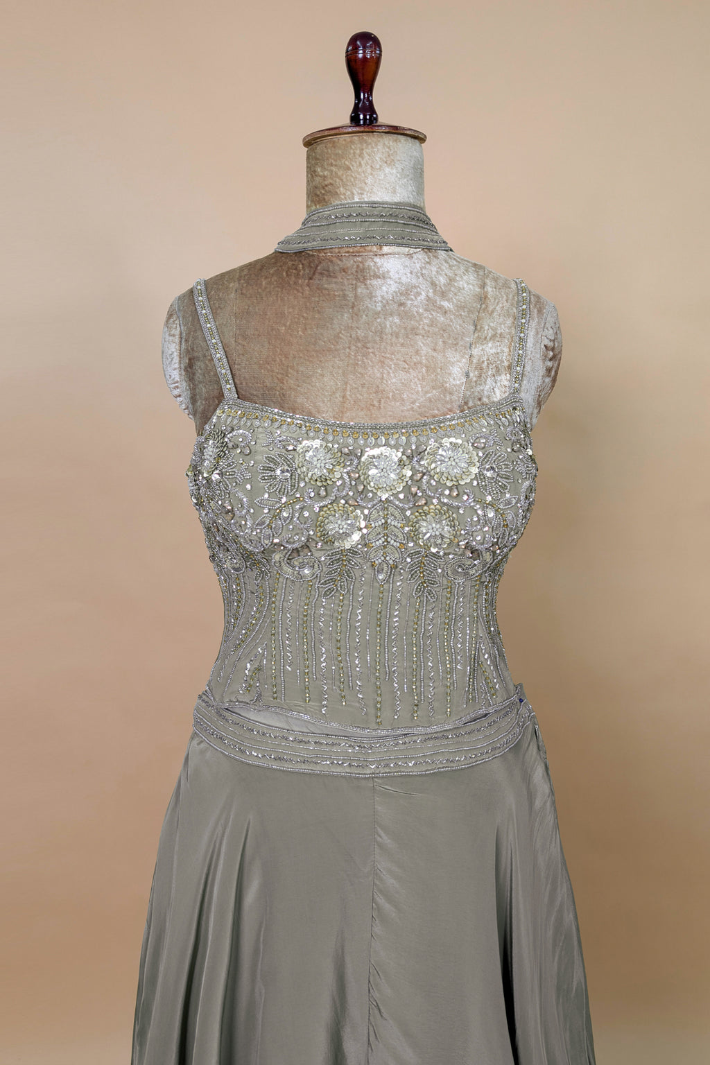 Grey Crepe Silk Cutdana Sequin Worked Crop Top Palazzo Suit