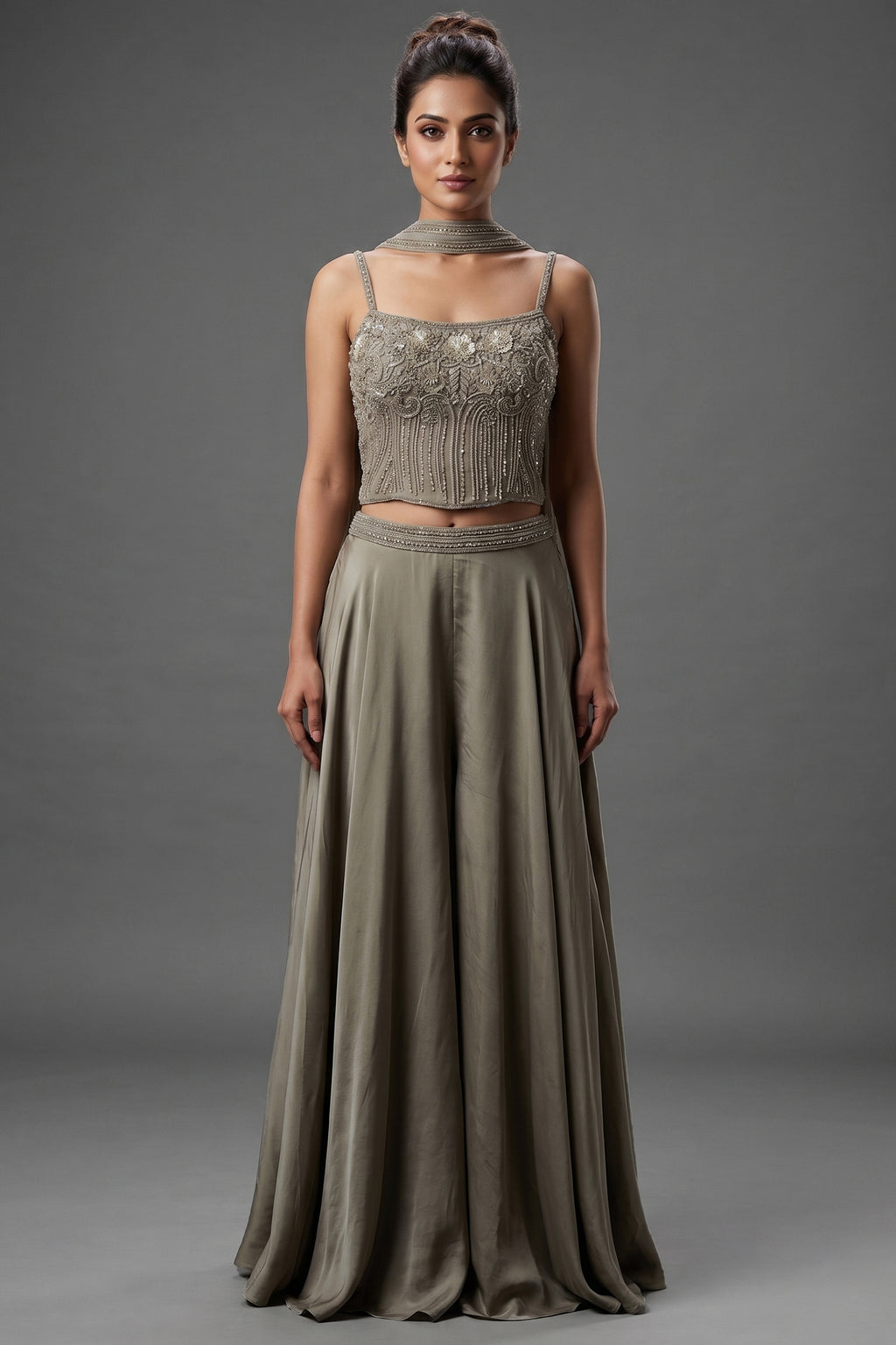 Grey Crepe Silk Cutdana Sequin Worked Crop Top Palazzo Suit
