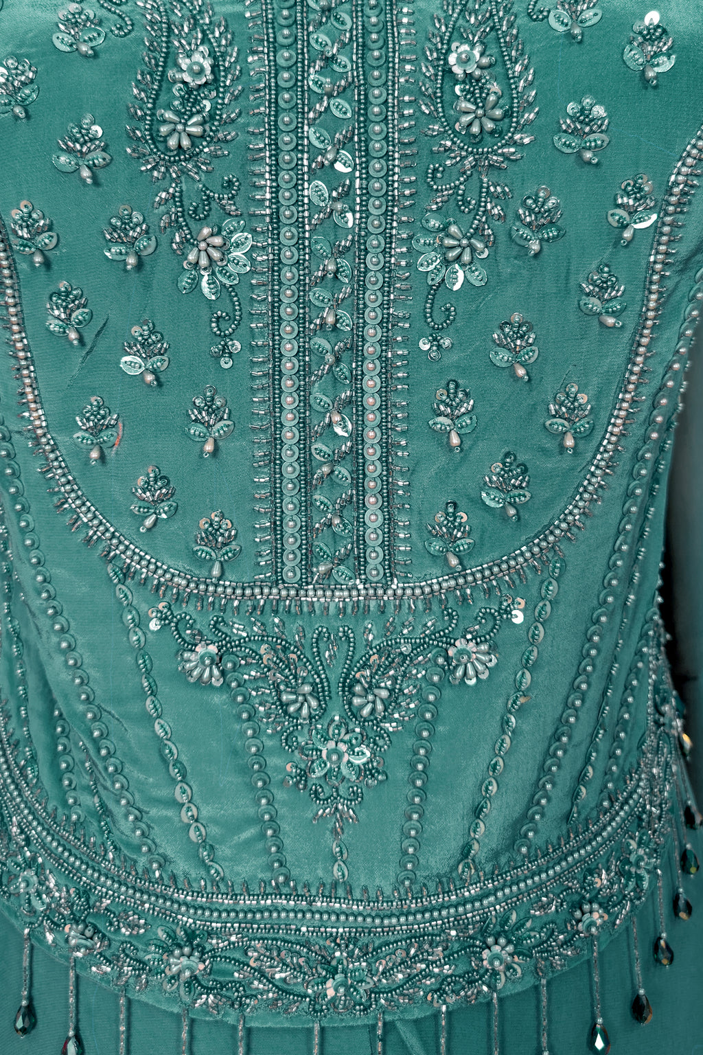 Persian Green Crepe Silk Beaded Crop Top Palazzo Suit