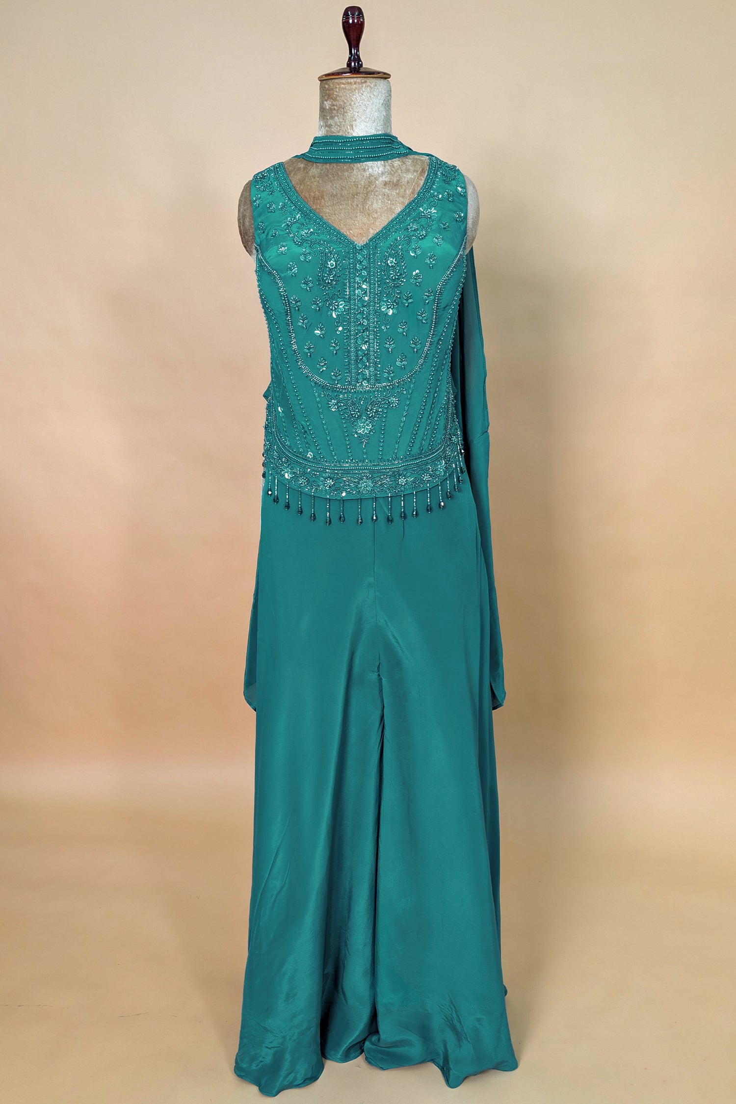 Persian Green Crepe Silk Beaded Crop Top Palazzo Suit