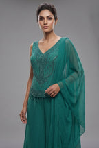 Persian Green Crepe Silk Beaded Crop Top Palazzo Suit
