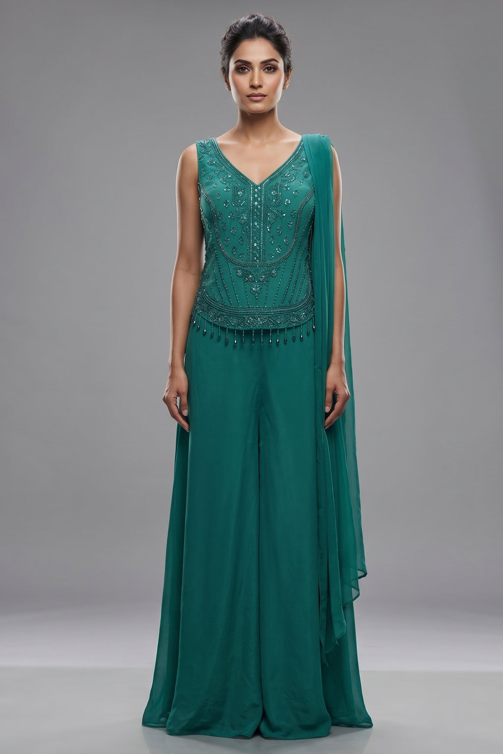 Persian Green Crepe Silk Beaded Crop Top Palazzo Suit