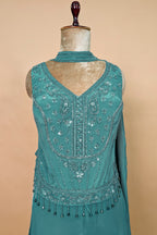 Persian Green Crepe Silk Beaded Crop Top Palazzo Suit
