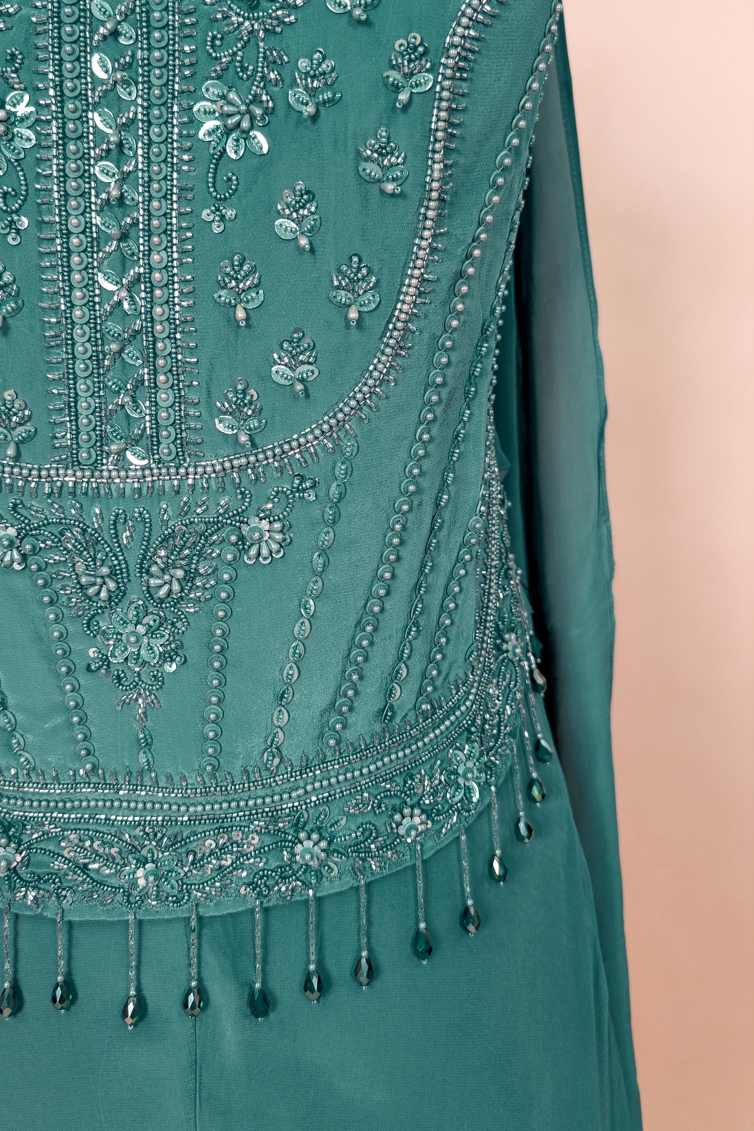 Persian Green Crepe Silk Beaded Crop Top Palazzo Suit