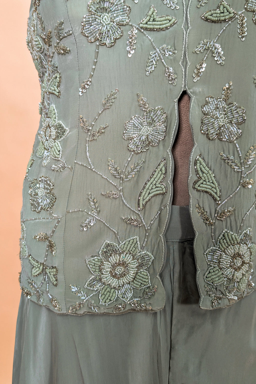 Pista Green Crepe Silk Sequin Beaded Slit Cut Palazzo Suit