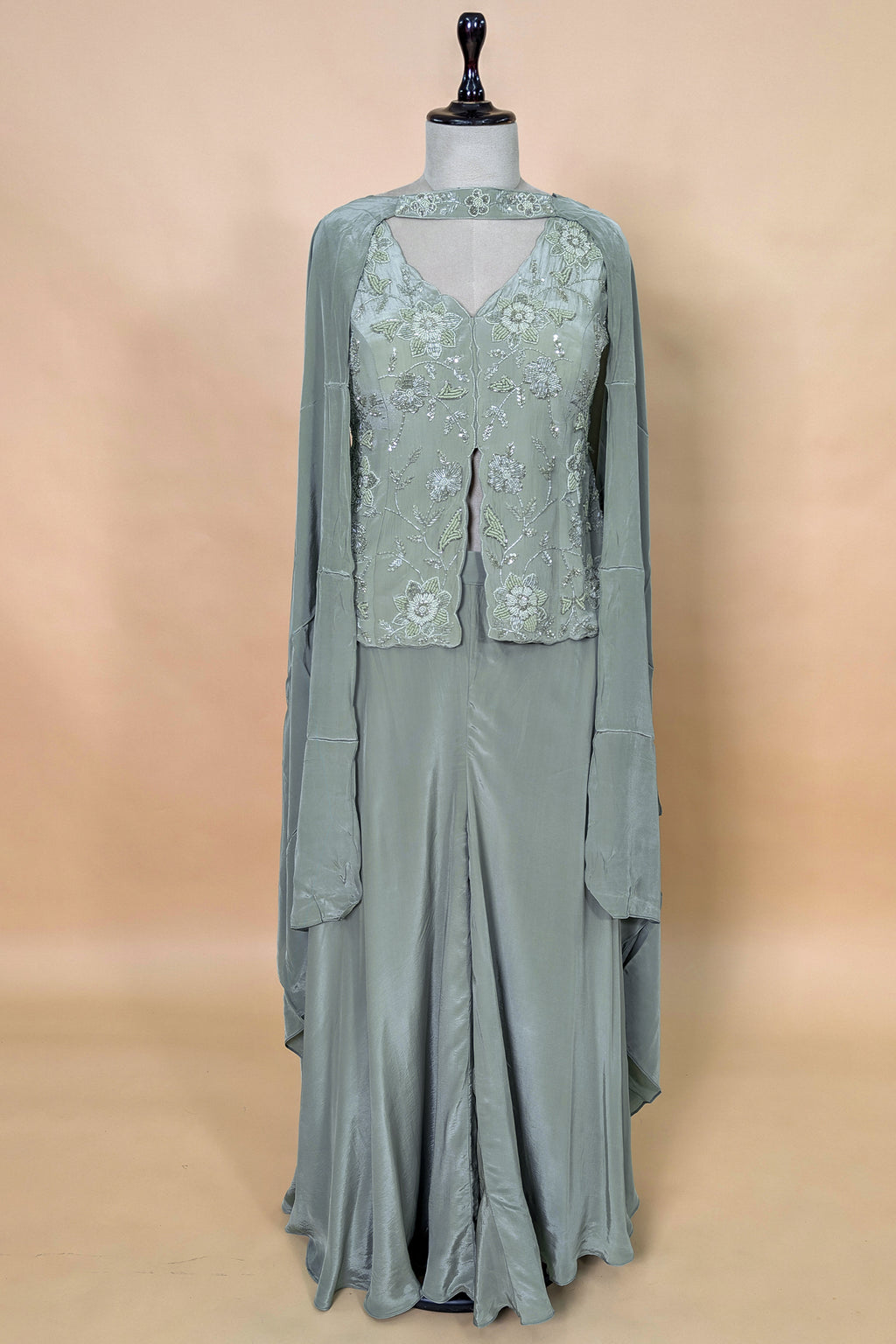 Pista Green Crepe Silk Sequin Beaded Slit Cut Palazzo Suit