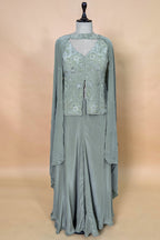 Pista Green Crepe Silk Sequin Beaded Slit Cut Palazzo Suit