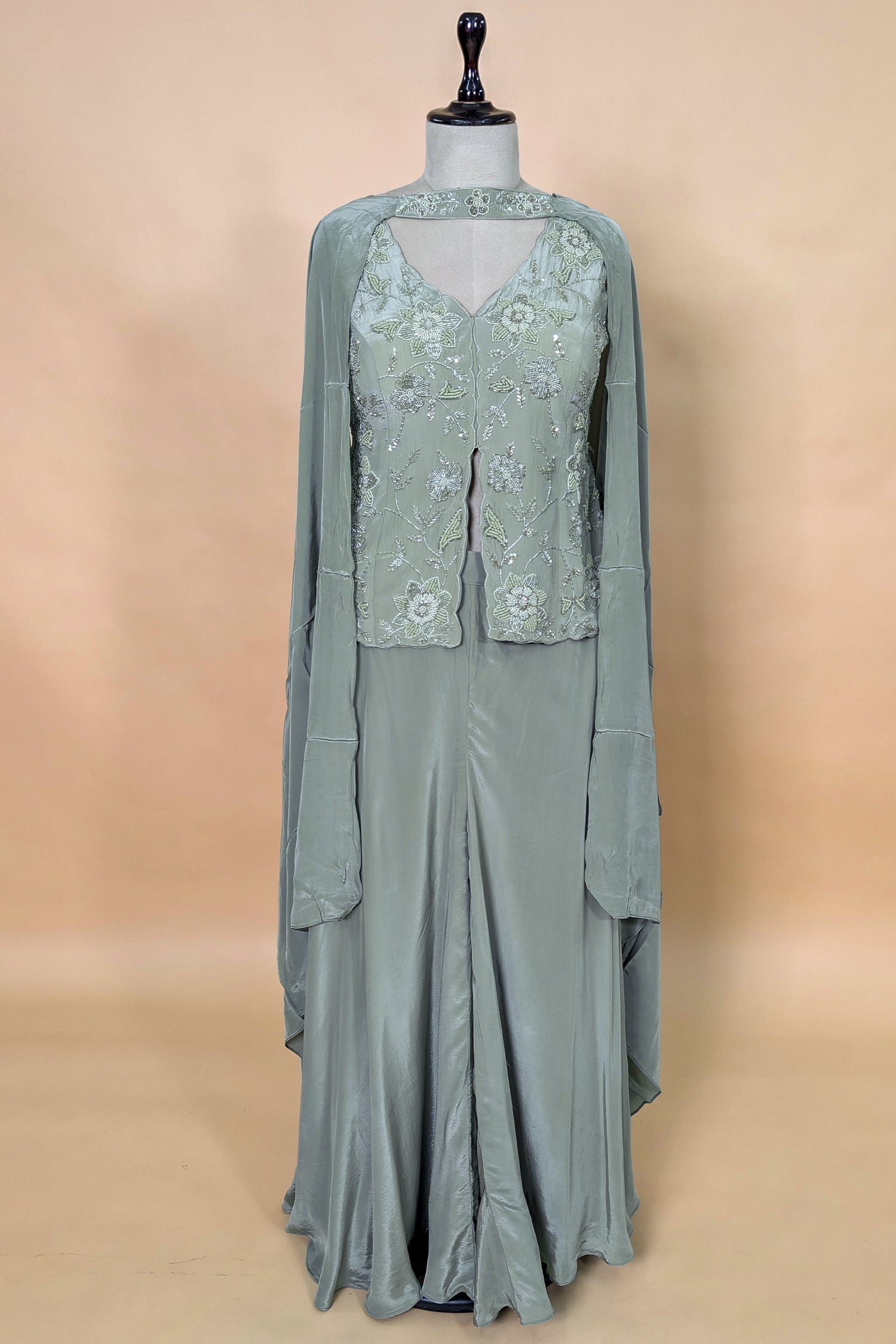 Pista Green Crepe Silk Sequin Beaded Slit Cut Palazzo Suit
