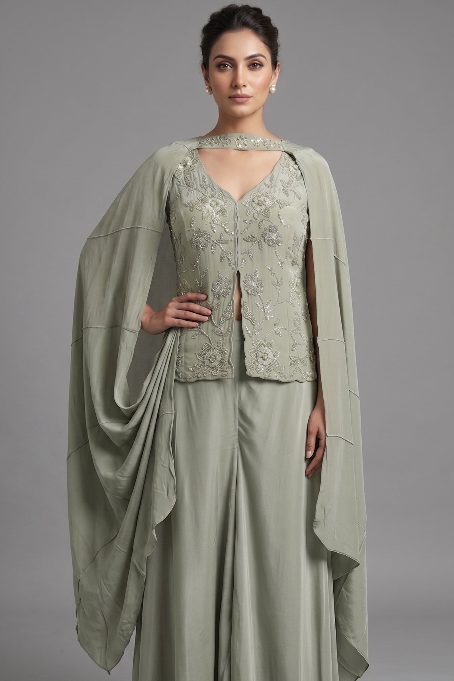 Pista Green Crepe Silk Sequin Beaded Slit Cut Palazzo Suit Secondary image