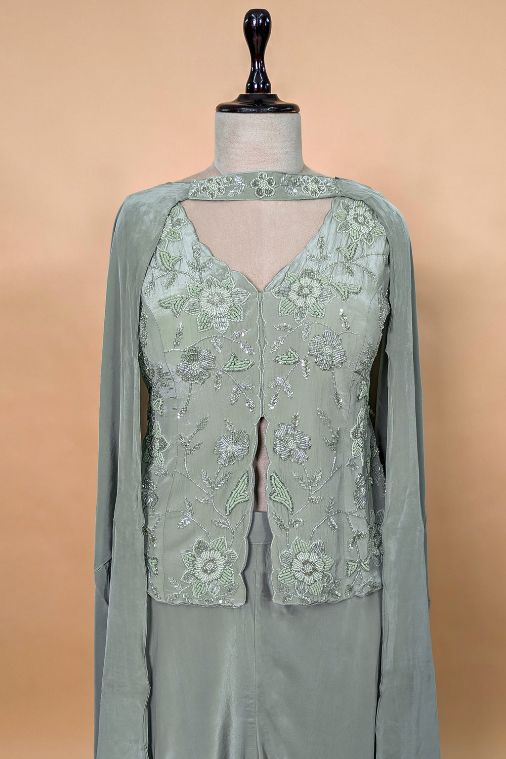 Pista Green Crepe Silk Sequin Beaded Slit Cut Palazzo Suit