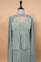 Pista Green Crepe Silk Sequin Beaded Slit Cut Palazzo Suit