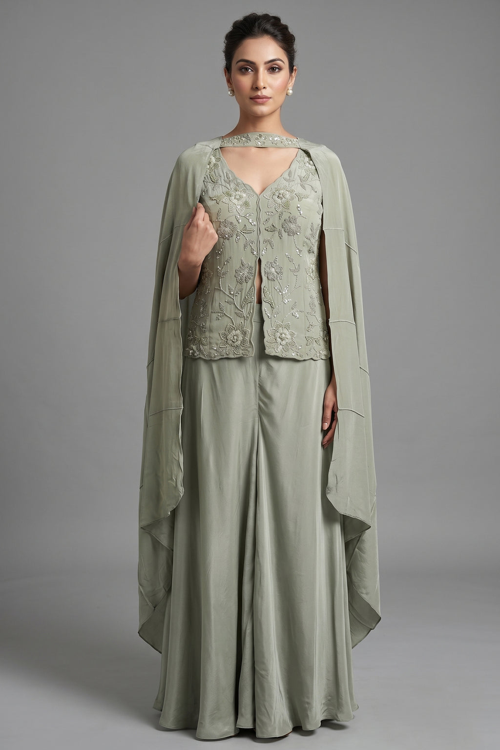 Pista Green Crepe Silk Sequin Beaded Slit Cut Palazzo Suit