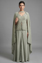 Pista Green Crepe Silk Sequin Beaded Slit Cut Palazzo Suit
