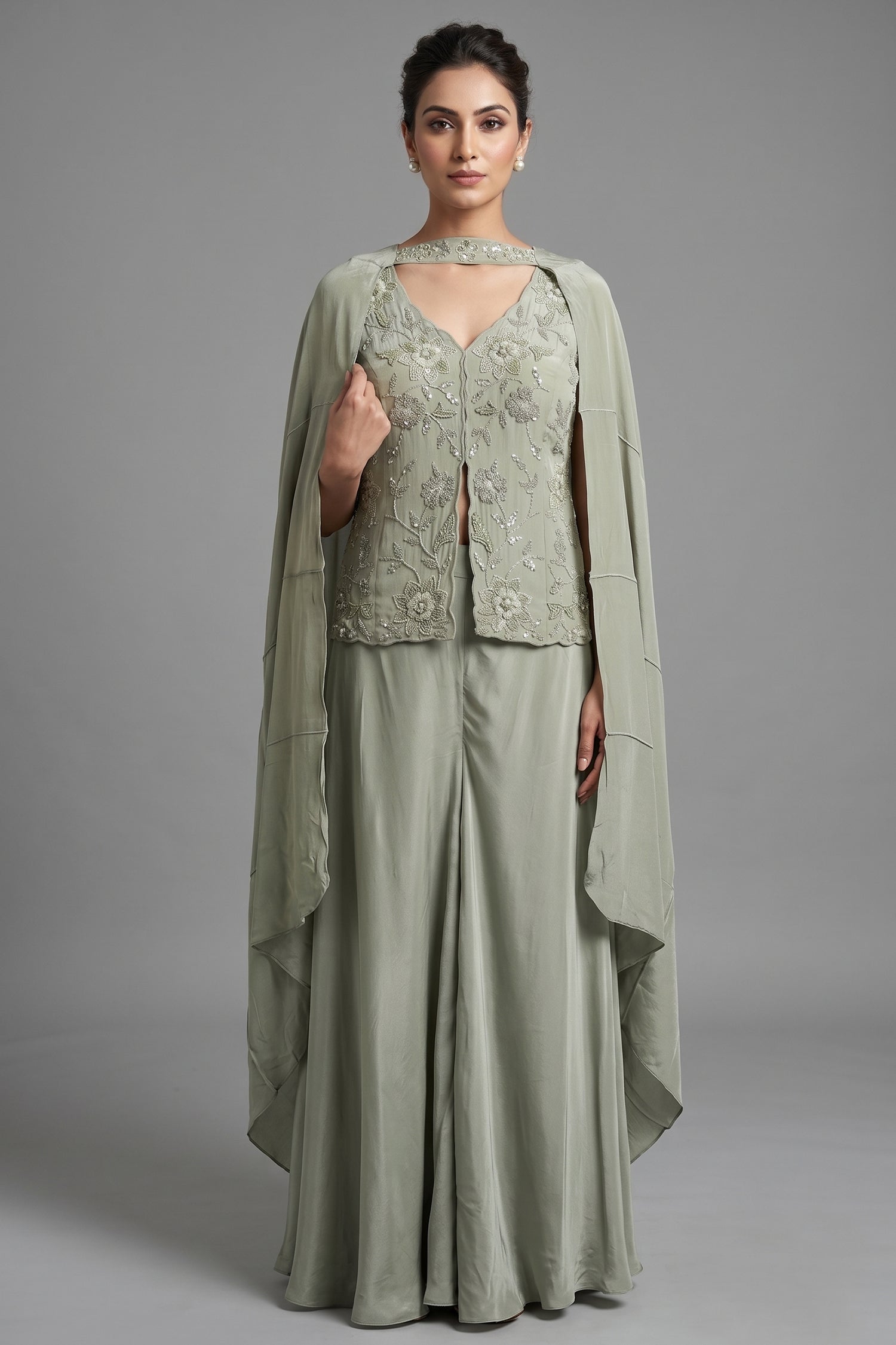 Pista Green Crepe Silk Sequin Beaded Slit Cut Palazzo Suit