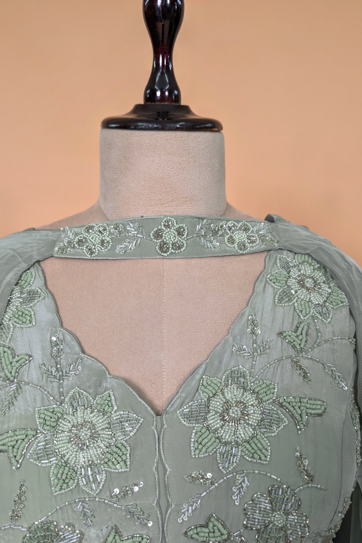 Pista Green Crepe Silk Sequin Beaded Slit Cut Palazzo Suit