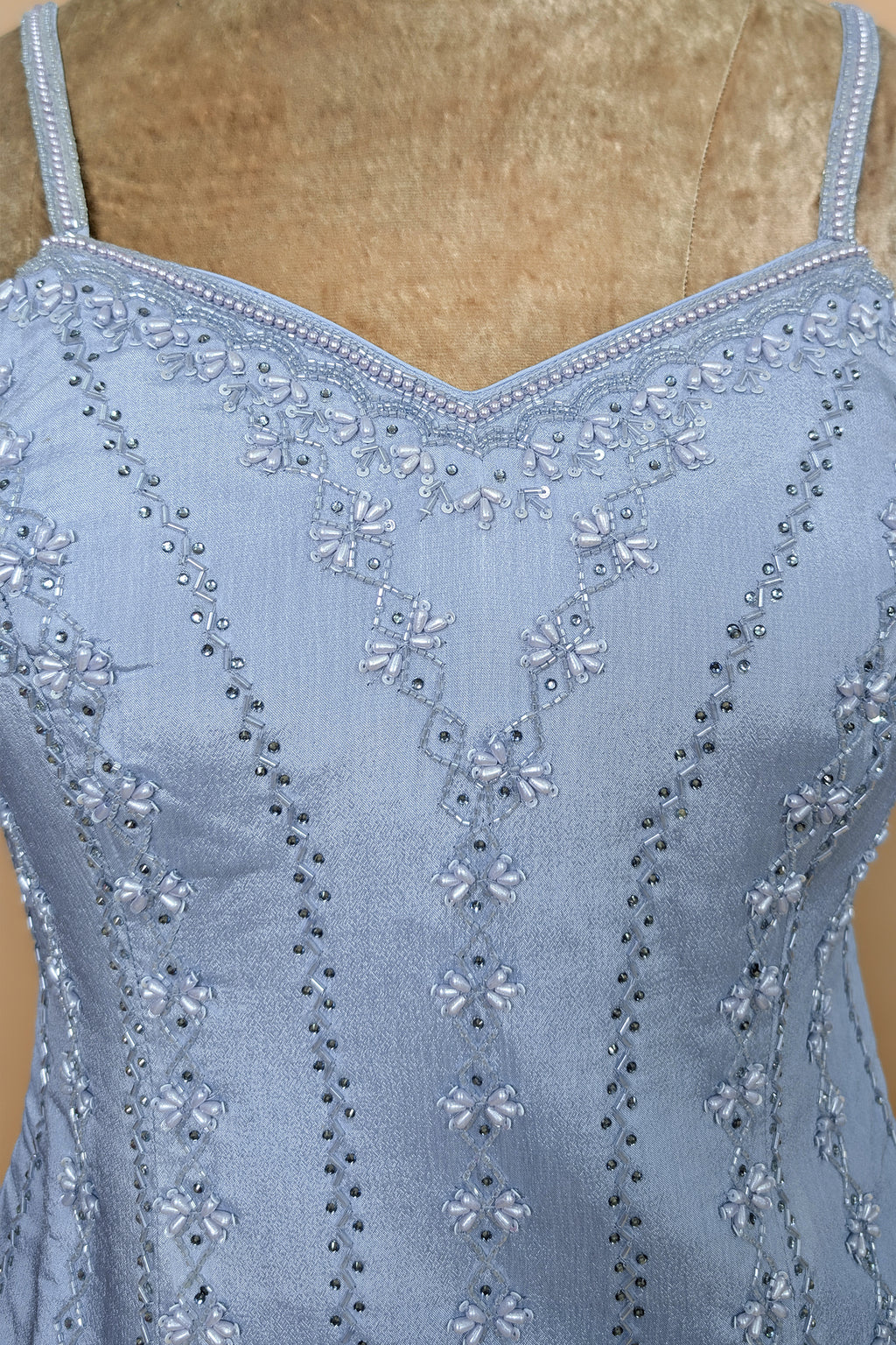 Light Blue Chinon Cutdana Beaded Palazzo Suit