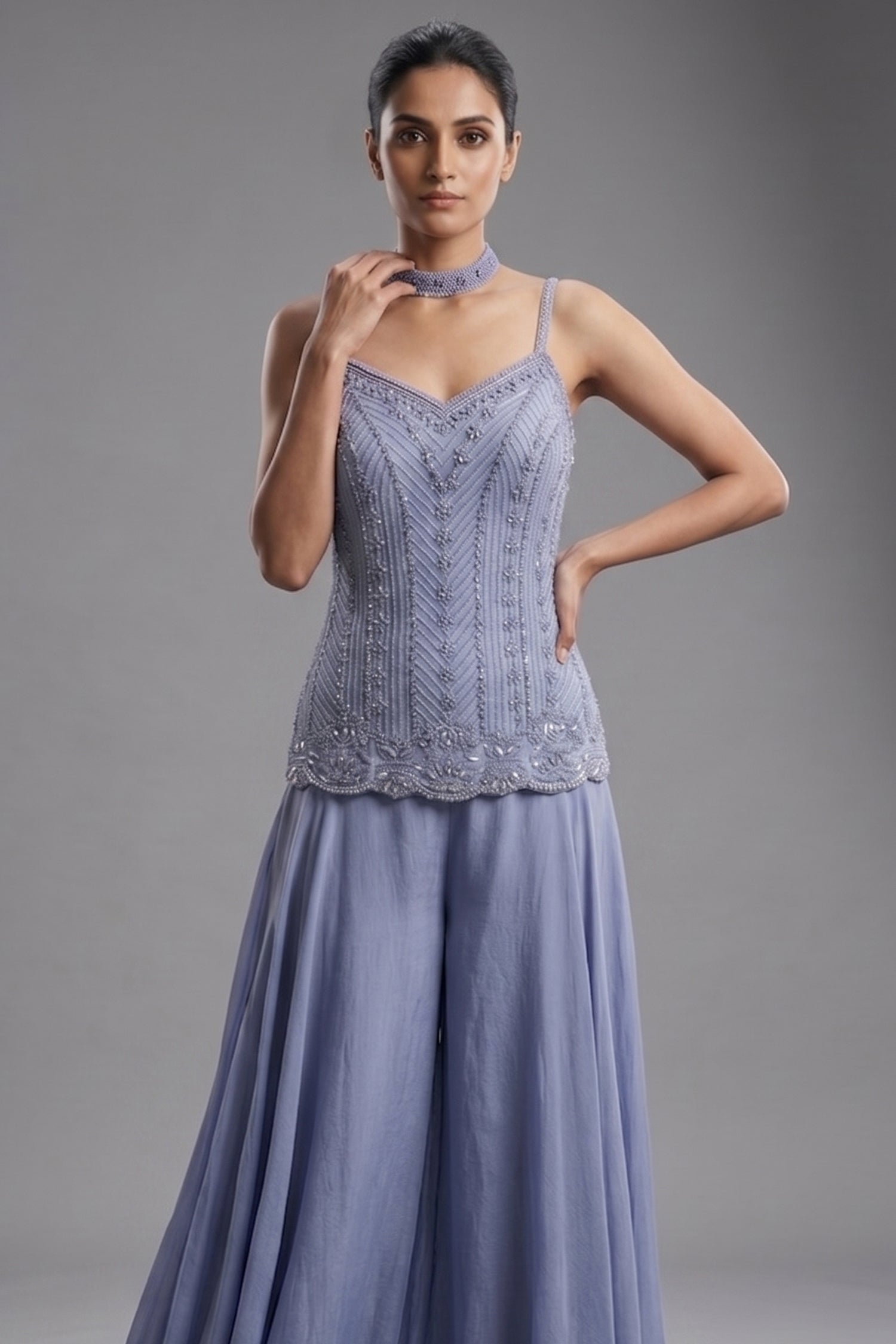 Light Blue Chinon Cutdana Beaded Palazzo Suit Secondary image